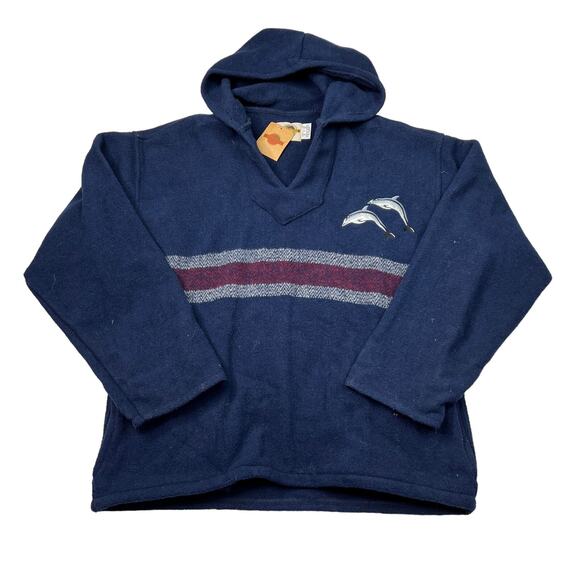 Vintage 90s Dolphin Embriodered Fleece Pullover Hoodie Sweatshirt NEW Blue Large - Picture 1 of 6